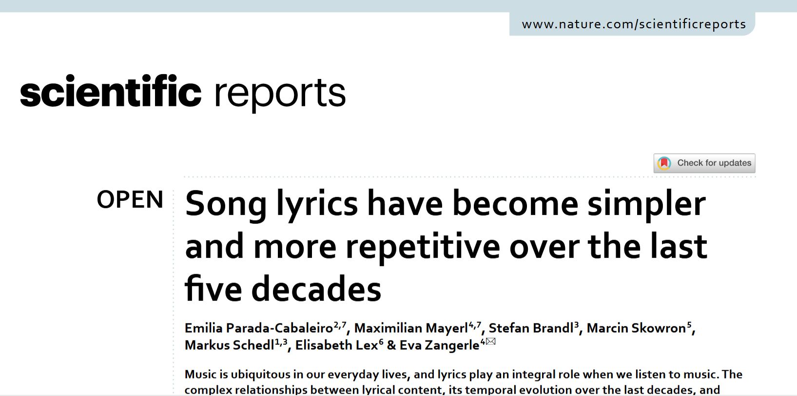 Article in Nature Scientific Reports